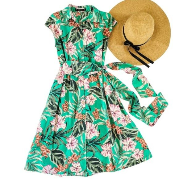 Zara Women's Midi Tropical Dress Size XS Green Button Down Belt Pockets Vacation - Picture 1 of 14